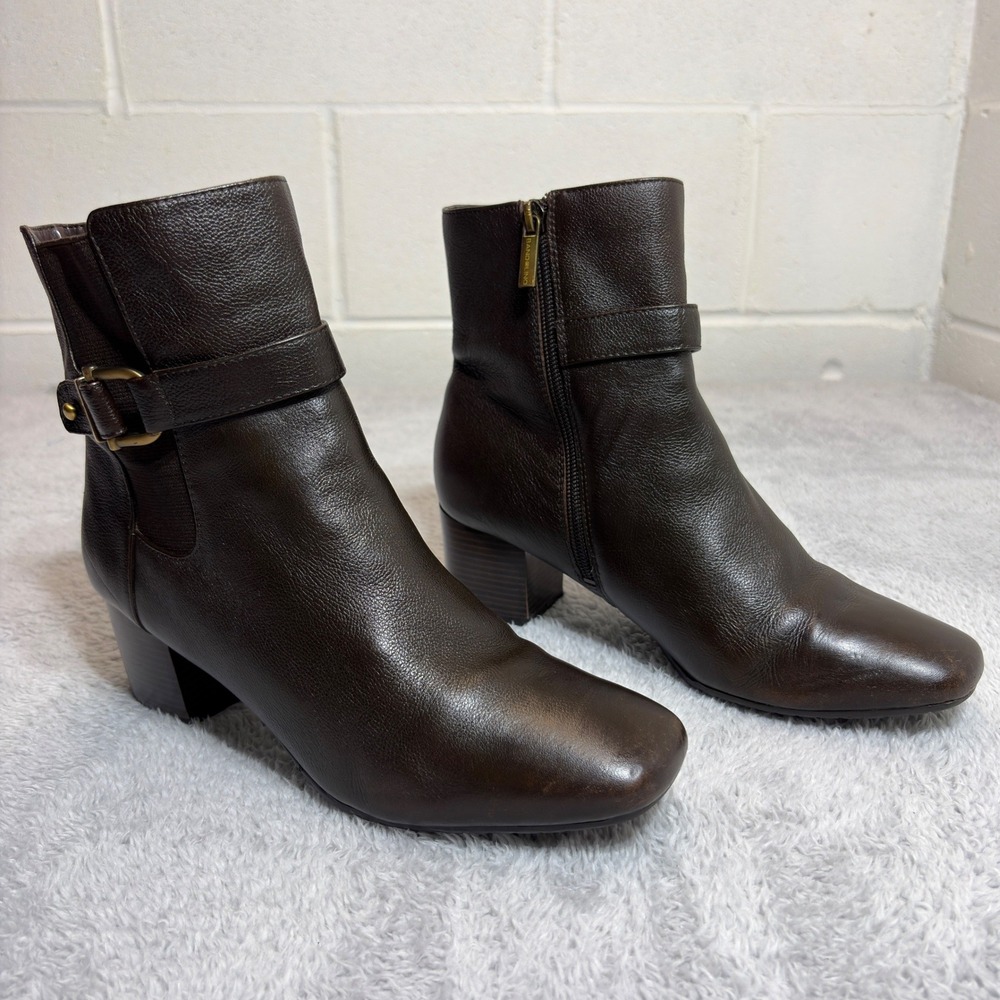 Bandolino Ankle Boots Women 6.5 M Brown Leather Square Toe Block Heel Buckle